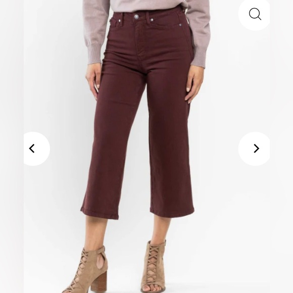 Judy Blue Sign Me Up Tummy Control Wide Leg Cropped Jeans Garment Dyed Maroon - Picture 3 of 13